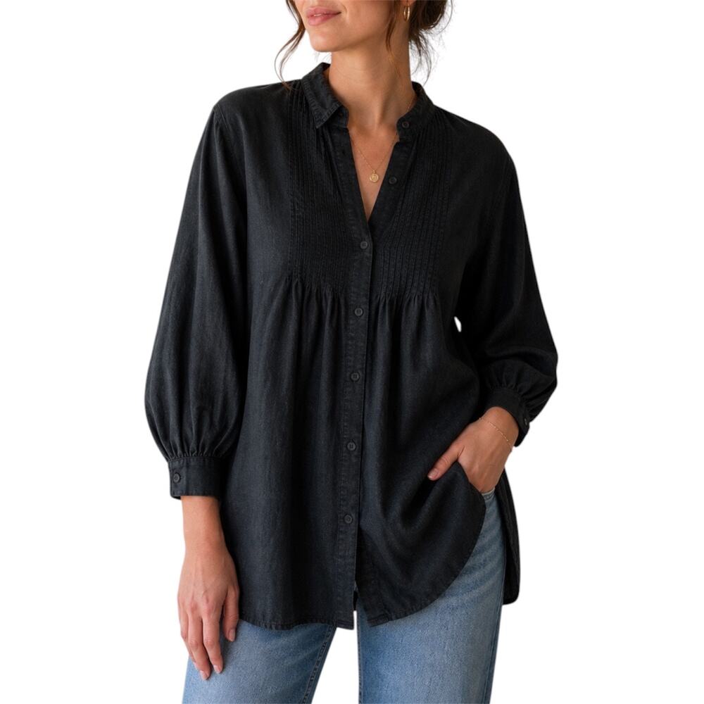 Lauren Ralph Lauren Linen Pintuck Blouse Dark Boho Button Front Size Large